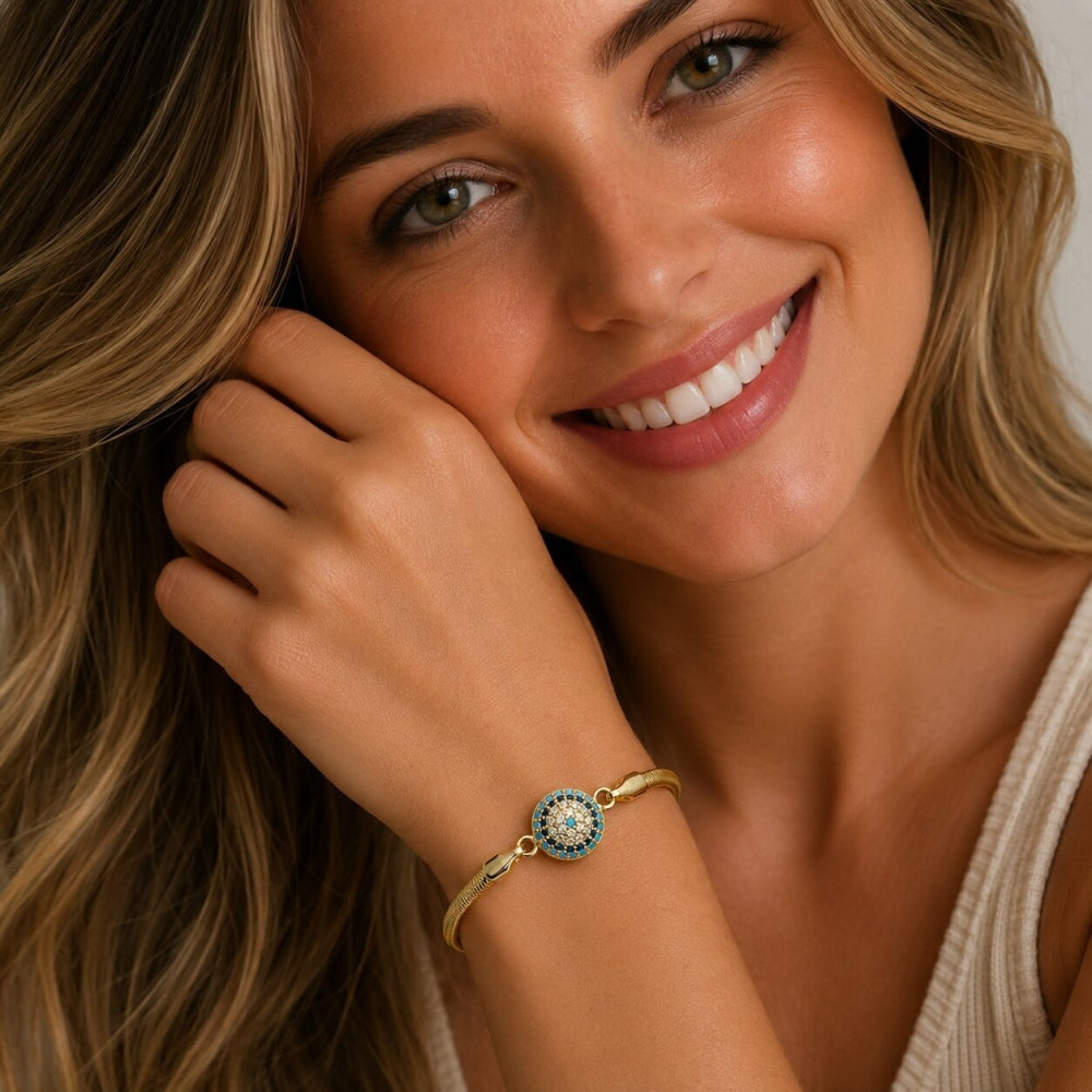 Oro Laminado Fancy Bracelet, Gold Filled Style Evil Eye and Ball Design, with Turquoise and Sapphire Blue Micro Pave, Polished, Golden Finish