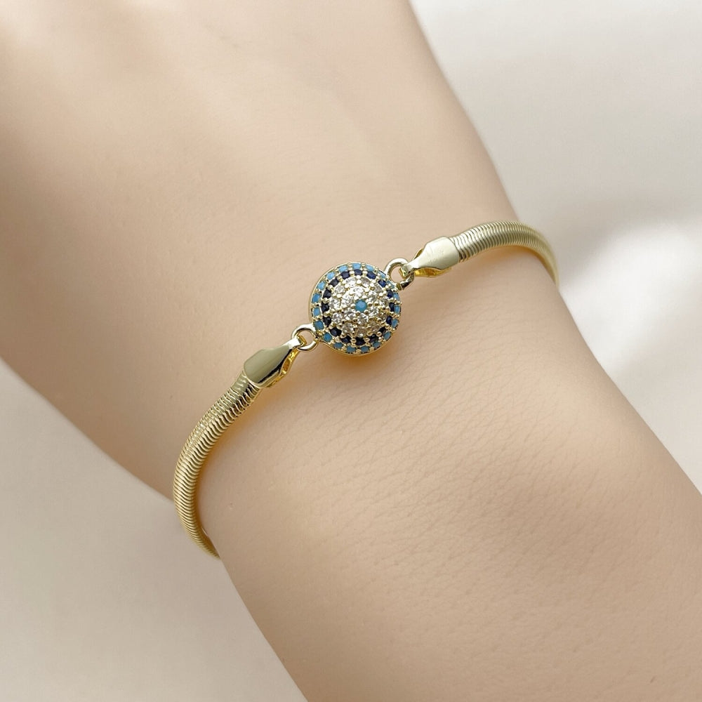 Oro Laminado Fancy Bracelet, Gold Filled Style Evil Eye and Ball Design, with Turquoise and Sapphire Blue Micro Pave, Polished, Golden Finish