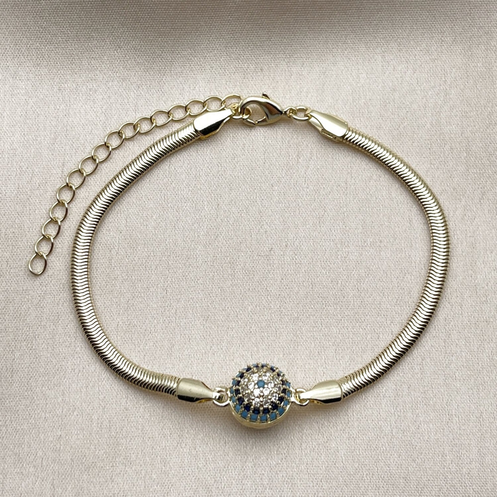 Oro Laminado Fancy Bracelet, Gold Filled Style Evil Eye and Ball Design, with Turquoise and Sapphire Blue Micro Pave, Polished, Golden Finish