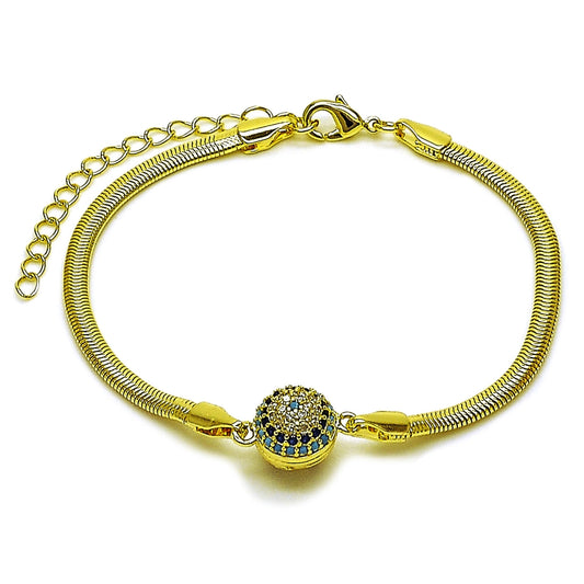 Oro Laminado Fancy Bracelet, Gold Filled Style Evil Eye and Ball Design, with Turquoise and Sapphire Blue Micro Pave, Polished, Golden Finish