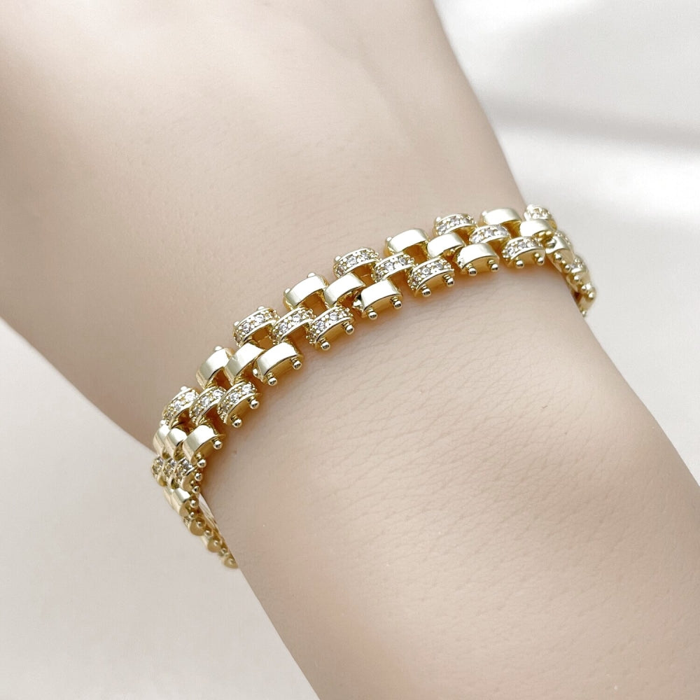 Oro Laminado Tennis Bracelet, Gold Filled Style with White Micro Pave, Polished, Golden Finish