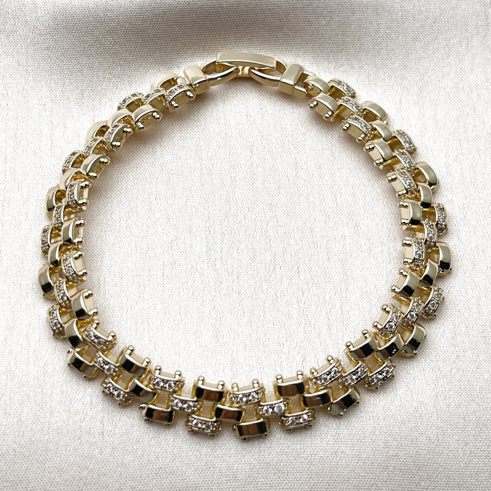Oro Laminado Tennis Bracelet, Gold Filled Style with White Micro Pave, Polished, Golden Finish