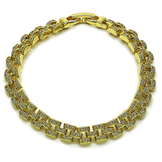 Oro Laminado Tennis Bracelet, Gold Filled Style Belt Buckle Design, with White Micro Pave, Polished, Golden Finish