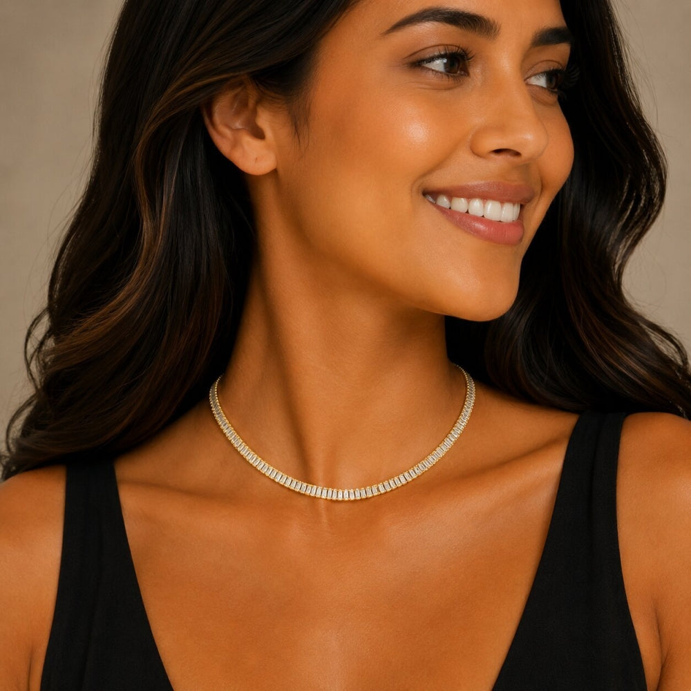 Oro Laminado Fancy Necklace, Gold Filled Style Baguette Design, with White Cubic Zirconia, Polished, Golden Finish
