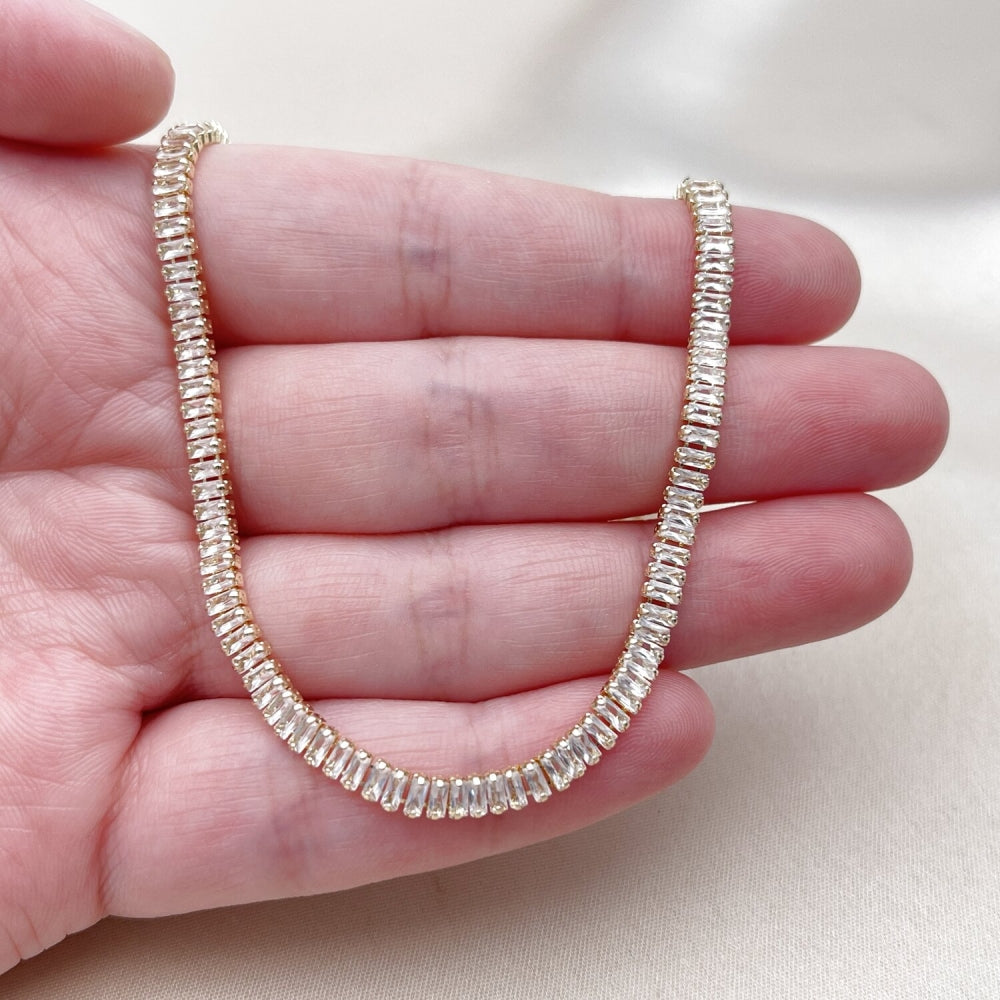 Oro Laminado Fancy Necklace, Gold Filled Style Baguette Design, with White Cubic Zirconia, Polished, Golden Finish