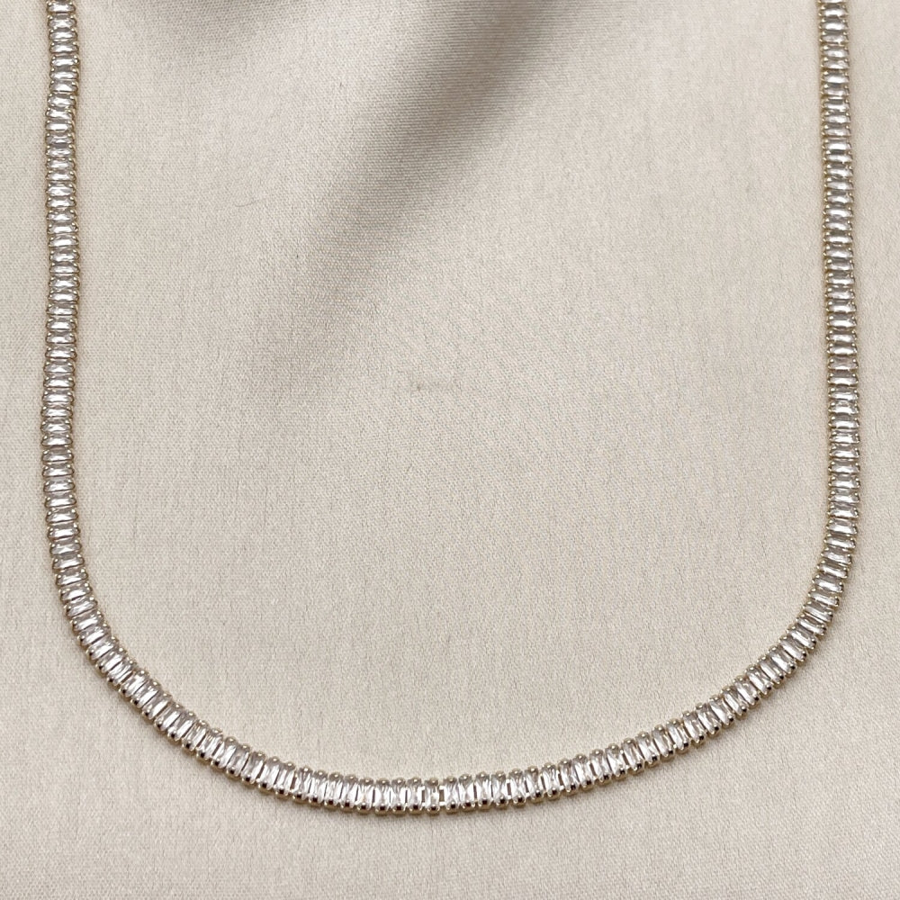 Oro Laminado Fancy Necklace, Gold Filled Style Baguette Design, with White Cubic Zirconia, Polished, Golden Finish