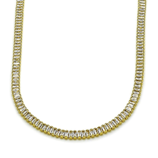 Oro Laminado Fancy Necklace, Gold Filled Style Baguette Design, with White Cubic Zirconia, Polished, Golden Finish