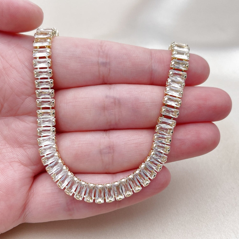 Oro Laminado Fancy Necklace, Gold Filled Style Baguette Design, with White Cubic Zirconia, Polished, Golden Finish