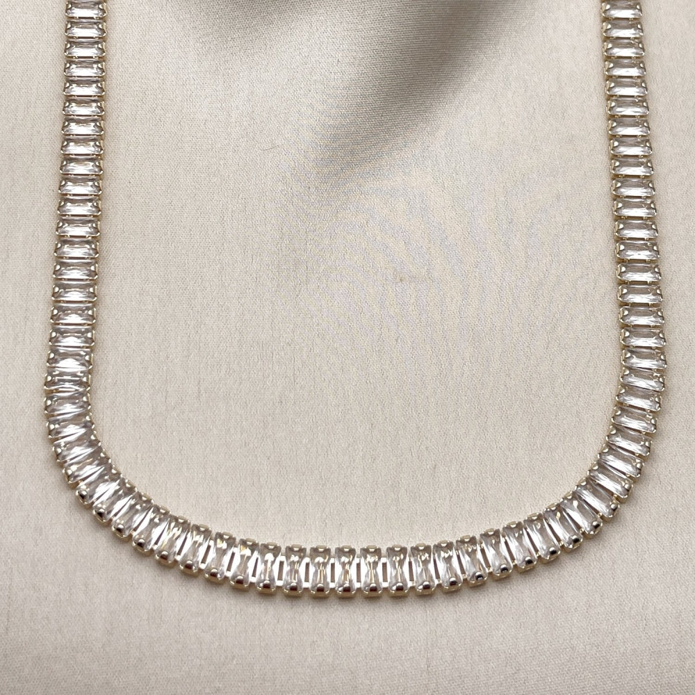 Oro Laminado Fancy Necklace, Gold Filled Style Baguette Design, with White Cubic Zirconia, Polished, Golden Finish