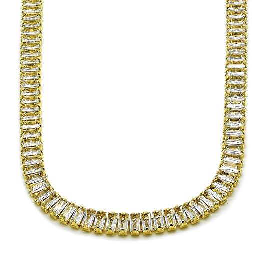 Oro Laminado Fancy Necklace, Gold Filled Style Baguette Design, with White Cubic Zirconia, Polished, Golden Finish