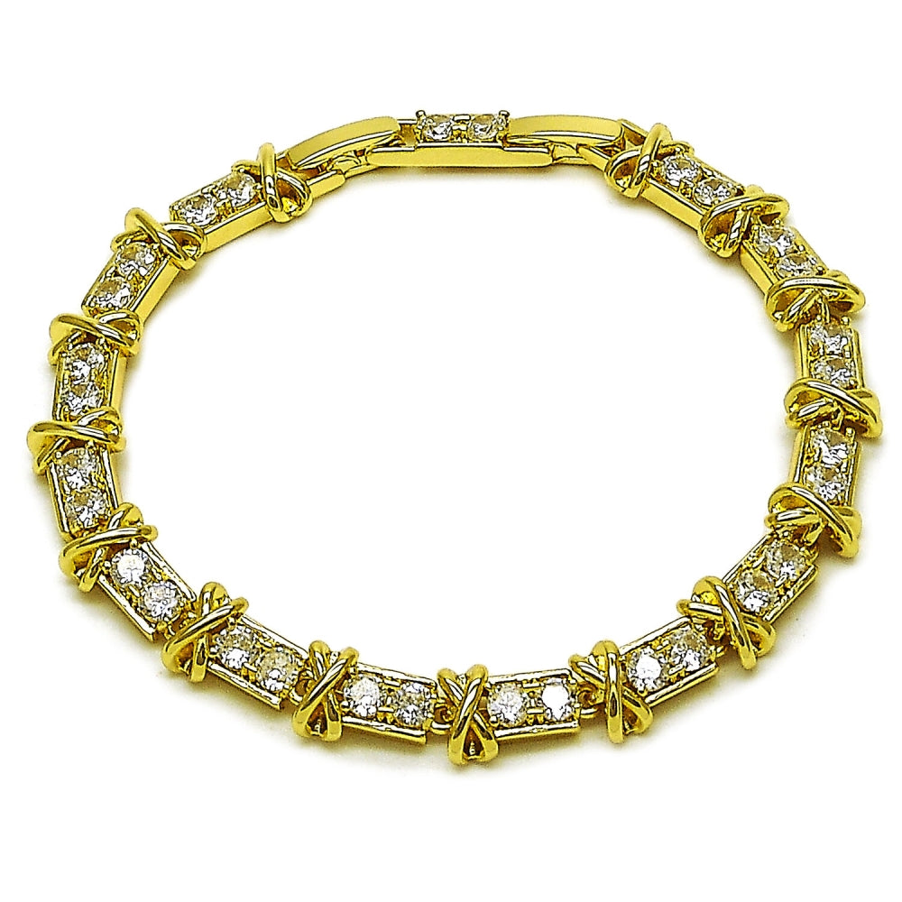 Oro Laminado Fancy Bracelet, Gold Filled Style Hugs and Kisses Design, with White Cubic Zirconia, Polished, Golden Finish