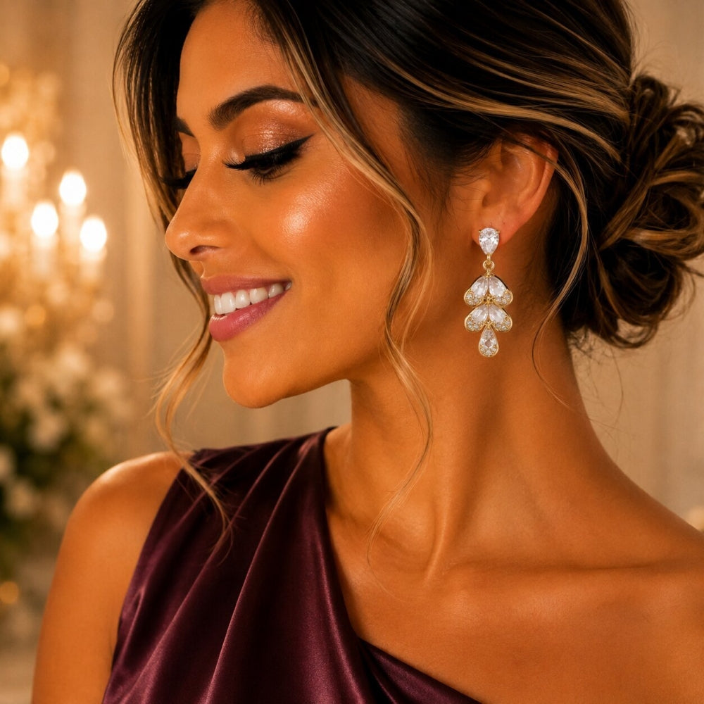 Oro Laminado Long Earring, Gold Filled Style Teardrop and Heart Design, with White Cubic Zirconia, Polished, Golden Finish