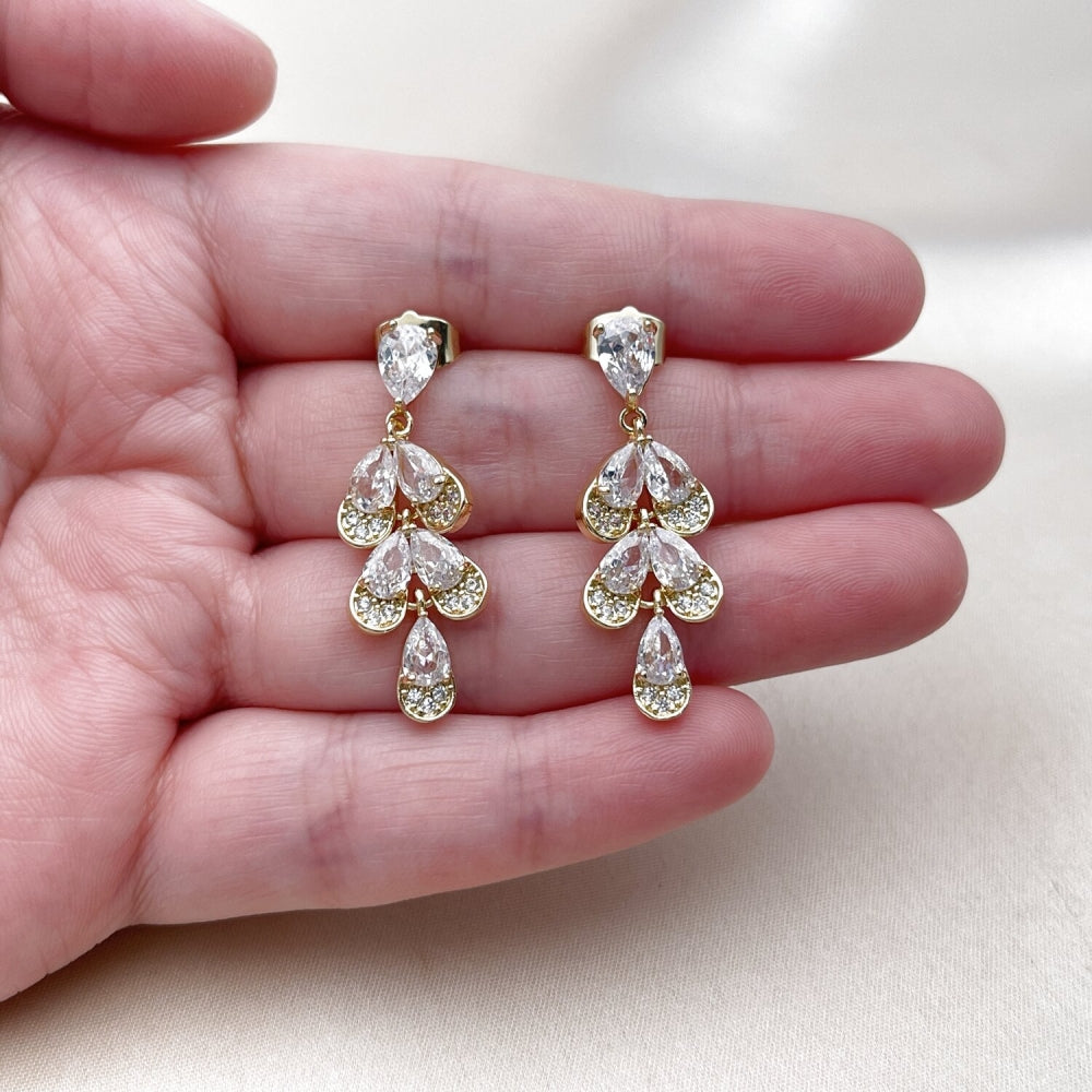 Oro Laminado Long Earring, Gold Filled Style Teardrop and Heart Design, with White Cubic Zirconia, Polished, Golden Finish