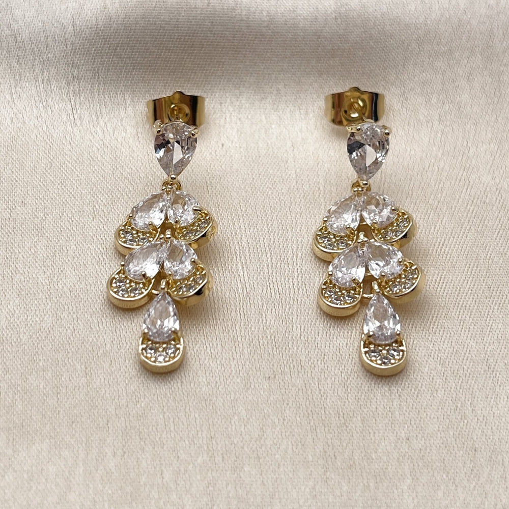 Oro Laminado Long Earring, Gold Filled Style Teardrop and Heart Design, with White Cubic Zirconia, Polished, Golden Finish