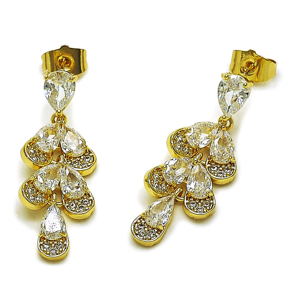 Oro Laminado Long Earring, Gold Filled Style Teardrop and Heart Design, with White Cubic Zirconia, Polished, Golden Finish