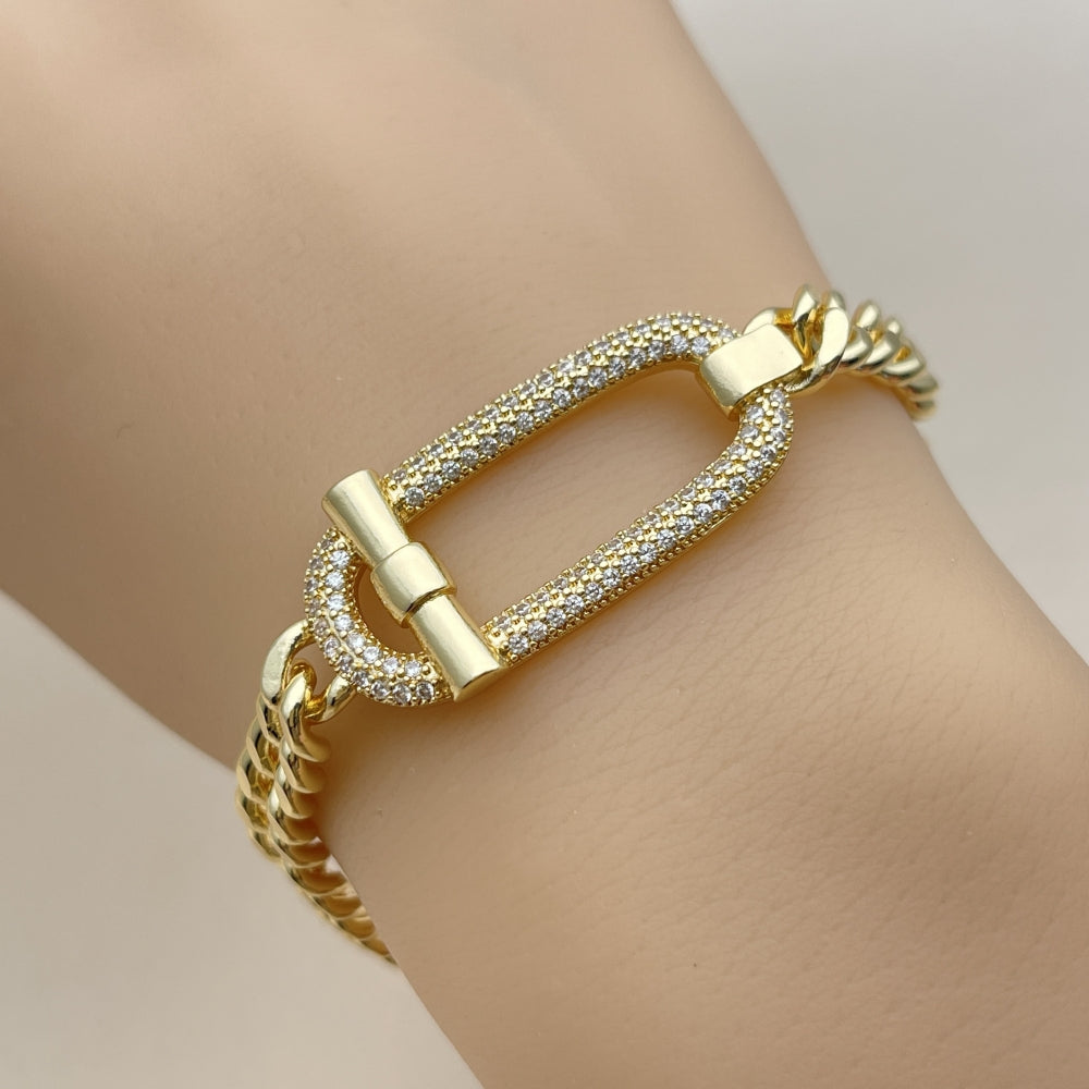 Oro Laminado Fancy Bracelet, Gold Filled Style Belt Buckle and Miami Cuban Design, with White Cubic Zirconia, Polished, Golden Finish