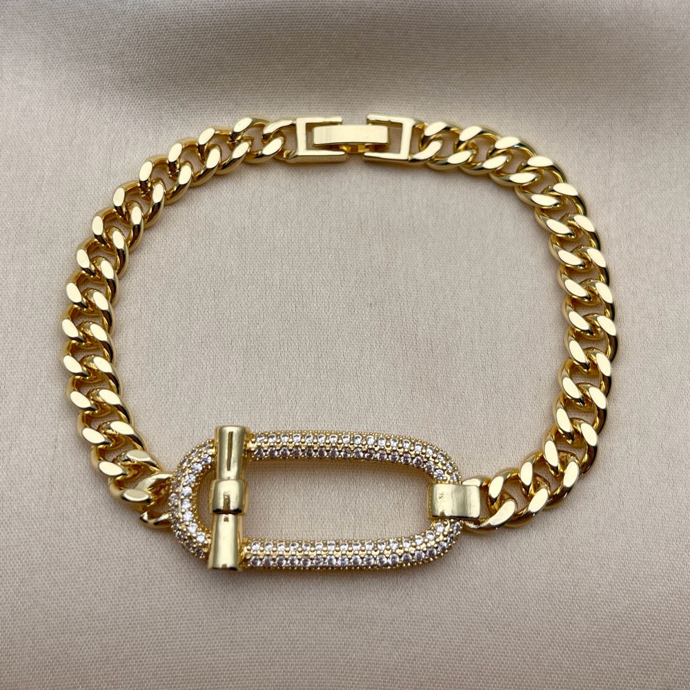 Oro Laminado Fancy Bracelet, Gold Filled Style Belt Buckle and Miami Cuban Design, with White Cubic Zirconia, Polished, Golden Finish