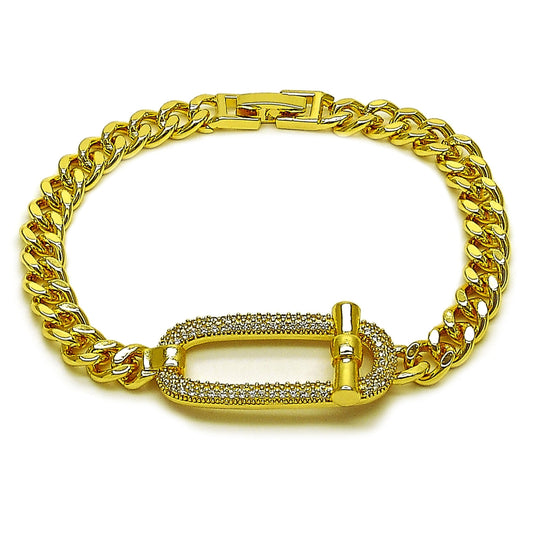 Oro Laminado Fancy Bracelet, Gold Filled Style Belt Buckle and Miami Cuban Design, with White Cubic Zirconia, Polished, Golden Finish