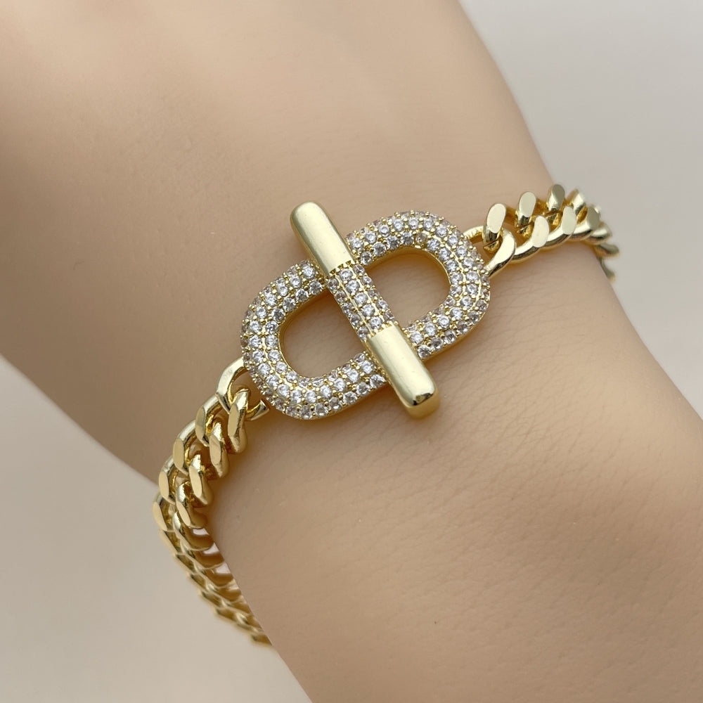 Oro Laminado Fancy Bracelet, Gold Filled Style Belt Buckle and Miami Cuban Design, with White Cubic Zirconia, Polished, Golden Finish