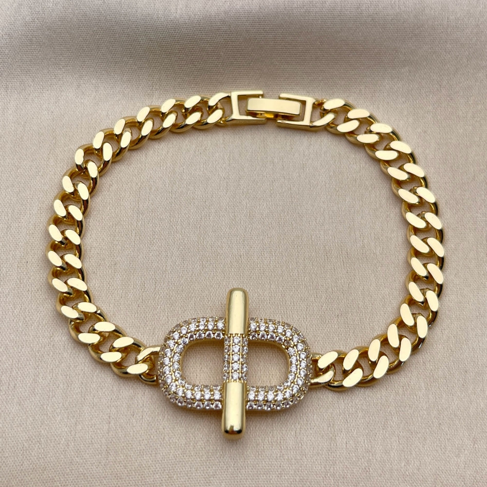 Oro Laminado Fancy Bracelet, Gold Filled Style Belt Buckle and Miami Cuban Design, with White Cubic Zirconia, Polished, Golden Finish