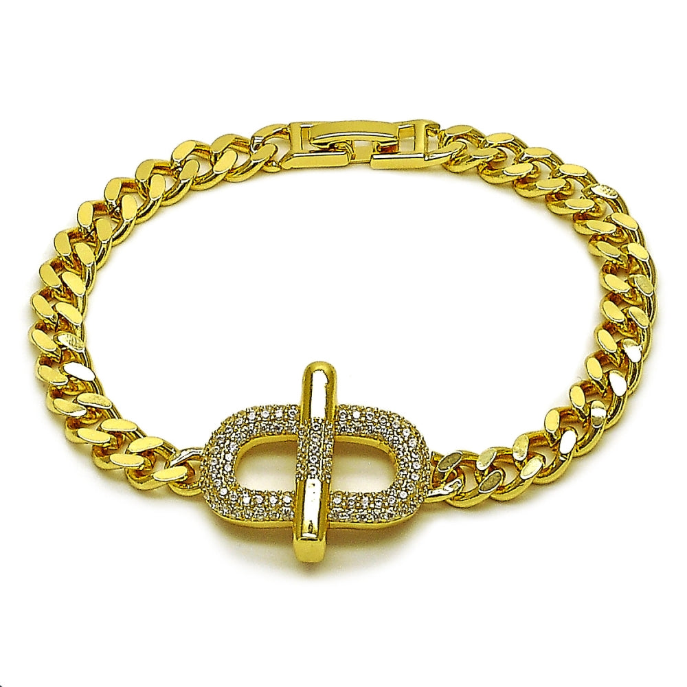 Oro Laminado Fancy Bracelet, Gold Filled Style Belt Buckle and Miami Cuban Design, with White Cubic Zirconia, Polished, Golden Finish